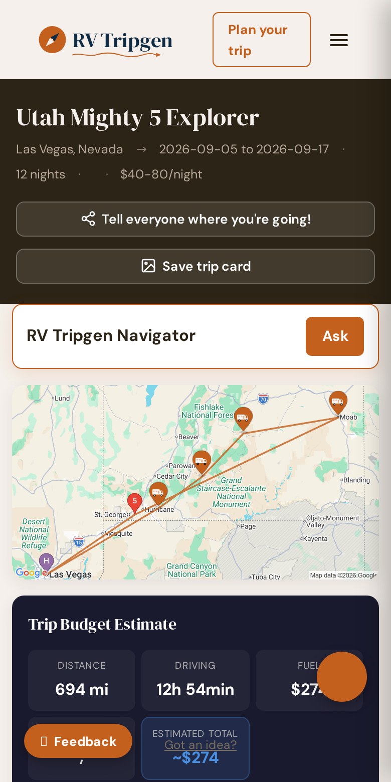 Trip overview showing destination, dates and budget