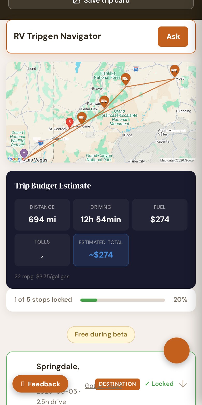 Route map and trip budget estimate