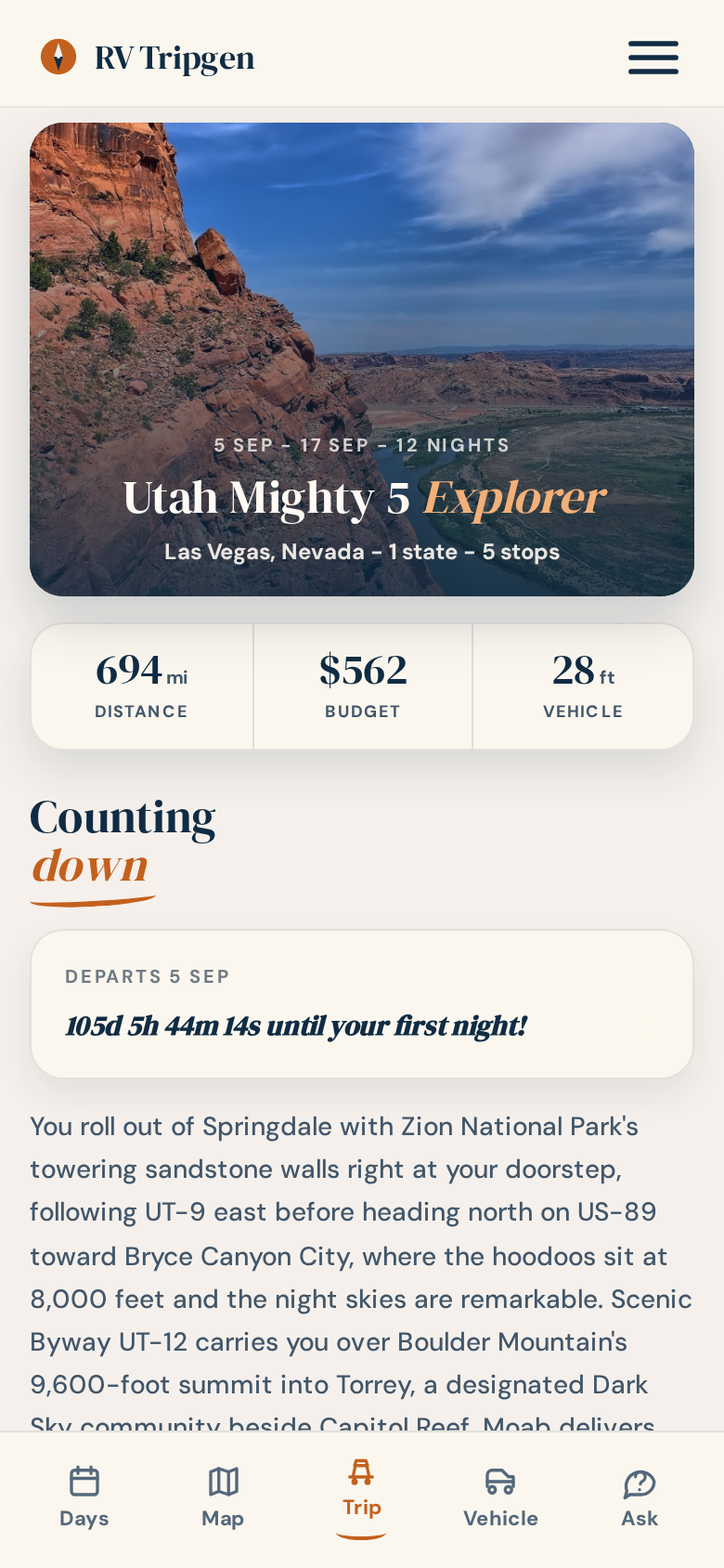RV Tripgen demo dashboard showing weather, campground options, review counts, facilities, maps and the trip tabs