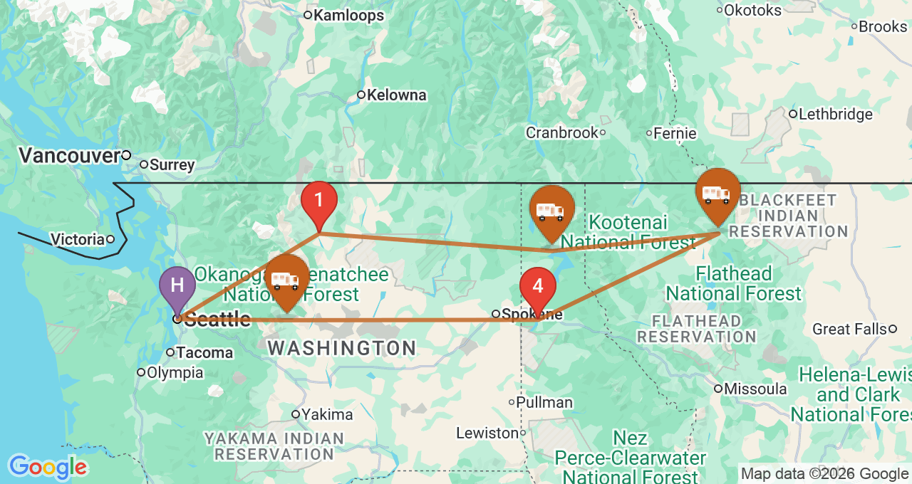 Route map for the North Cascades and Glacier RV Loop