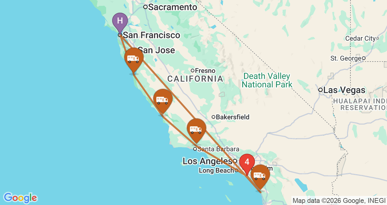 Route map for the Pacific Coast Highway RV trip