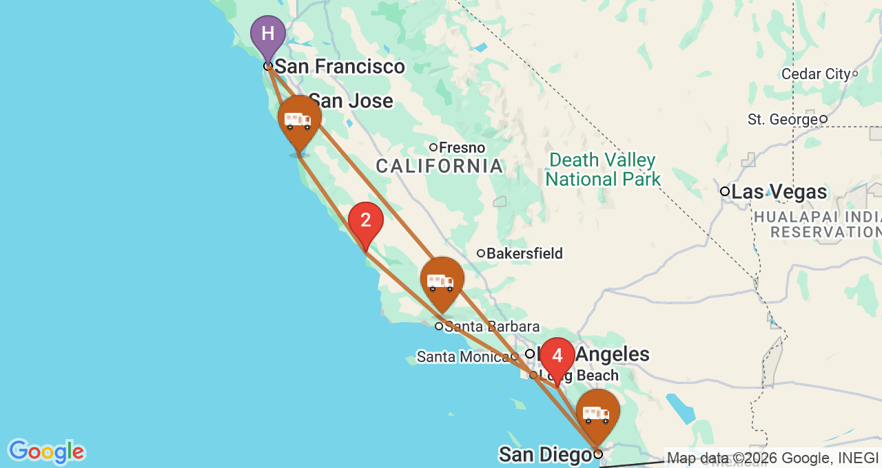 Route map for the San Francisco to San Diego RV trip