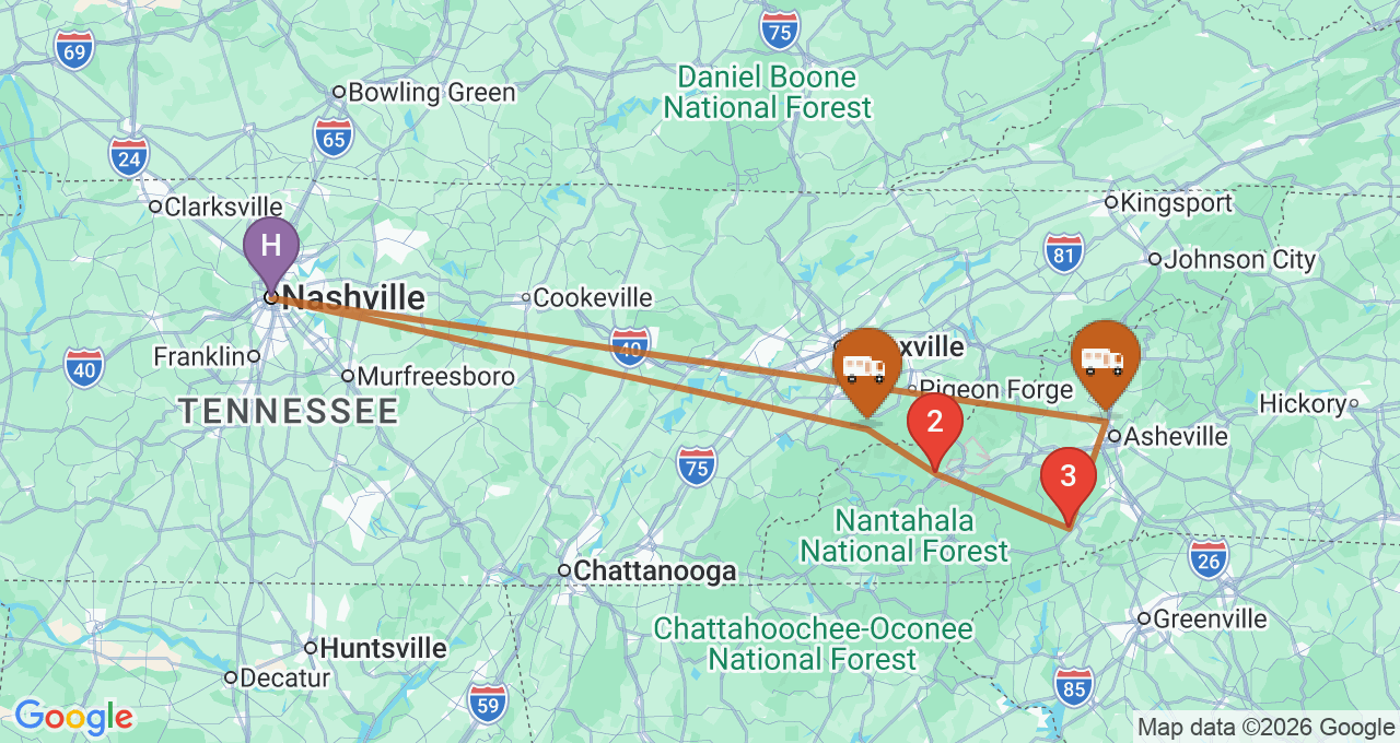 Route map for the Smokies and Blue Ridge RV trip