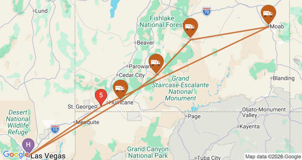 Route map for the Utah Mighty 5 RV trip